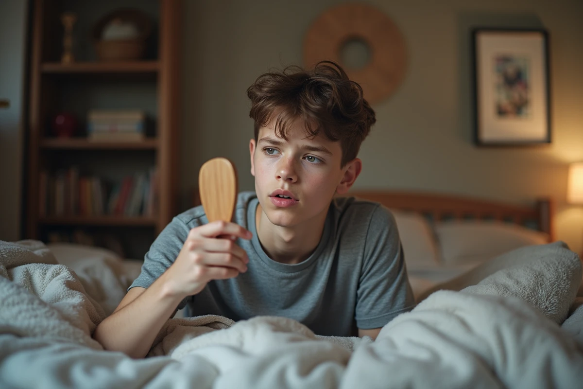 Adolescent regardant dans un miroir dans sa chambre