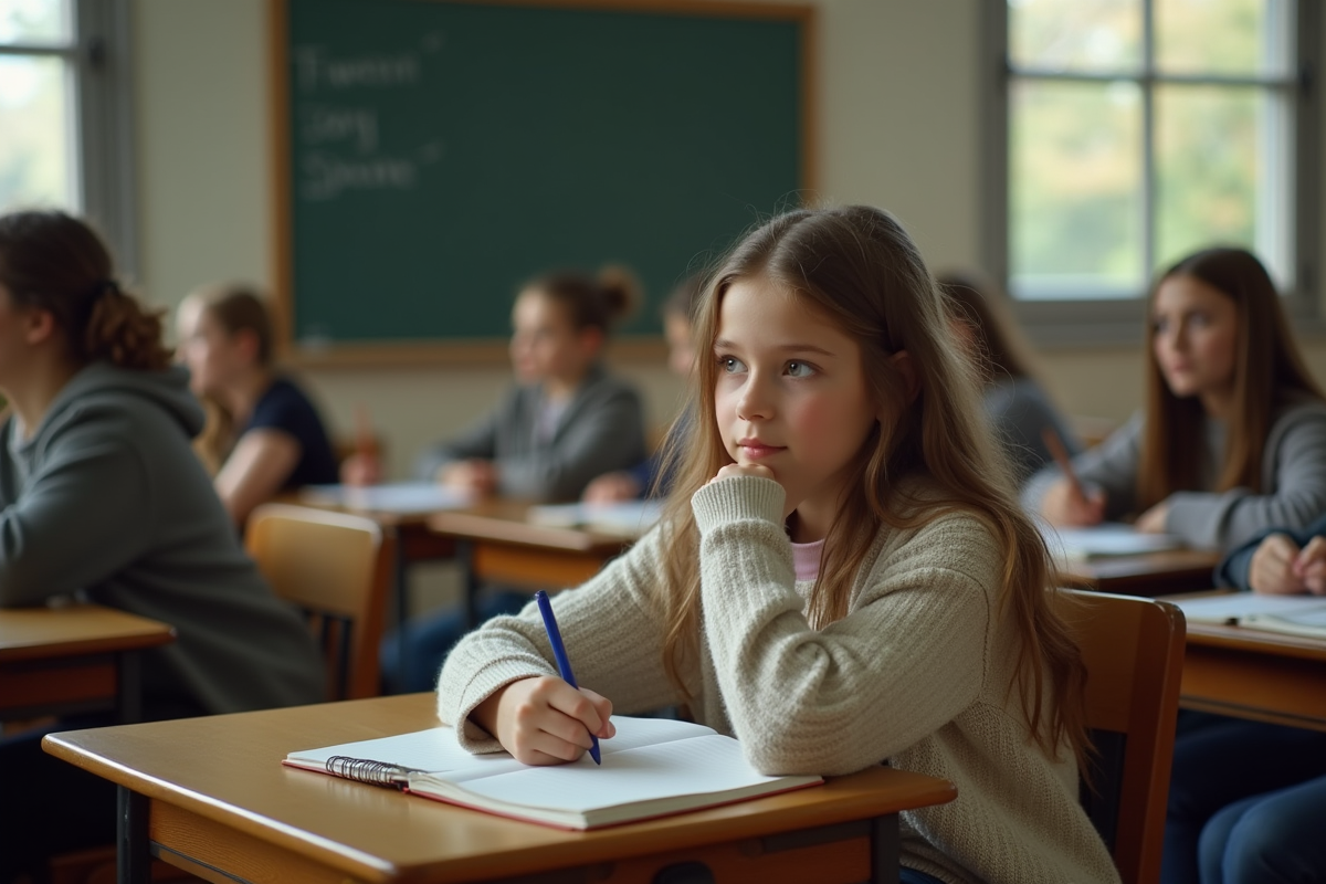 Adolescente distraite en classe avec carnet ouvert