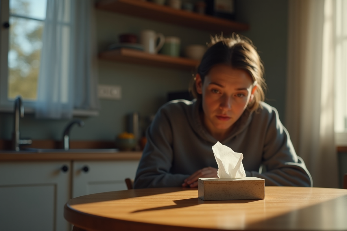 Adulte inquiet seul à la table avec test positif et mouchoirs