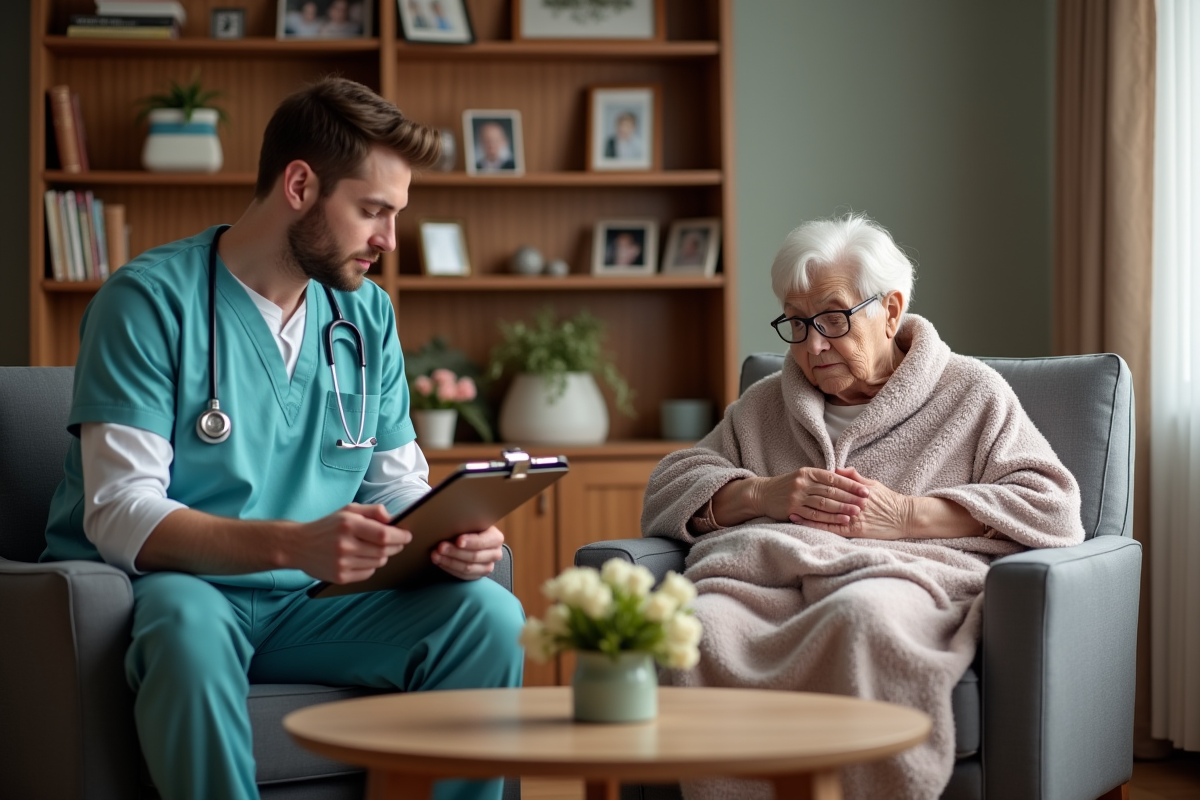 Aide-soignant lisant un dossier auprès d’une personne âgée