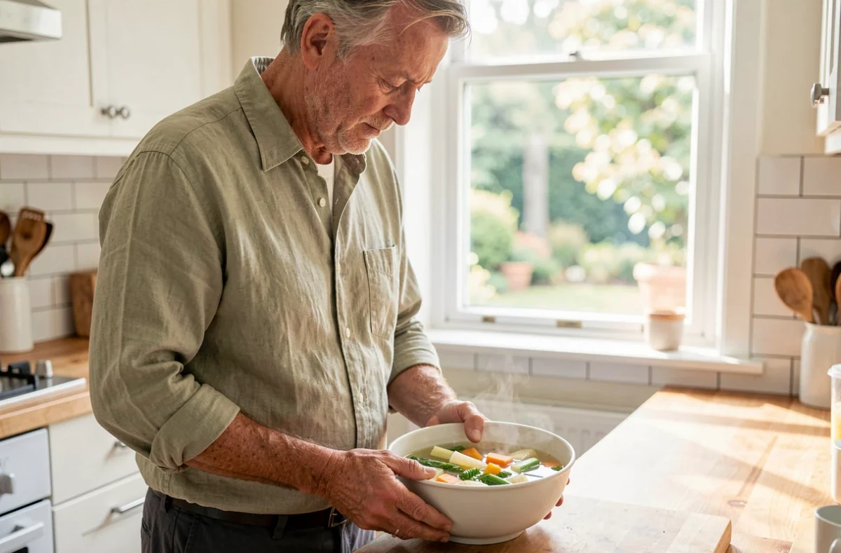 Homme préparant un bouillon de légumes clair dans sa cuisine dans le cadre d'un régime alimentaire post-diverticulite