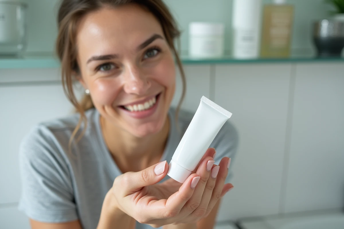 Femme appliquant un gel à l'acide hyaluronique Ialuset sur sa main dans une salle de bain épurée