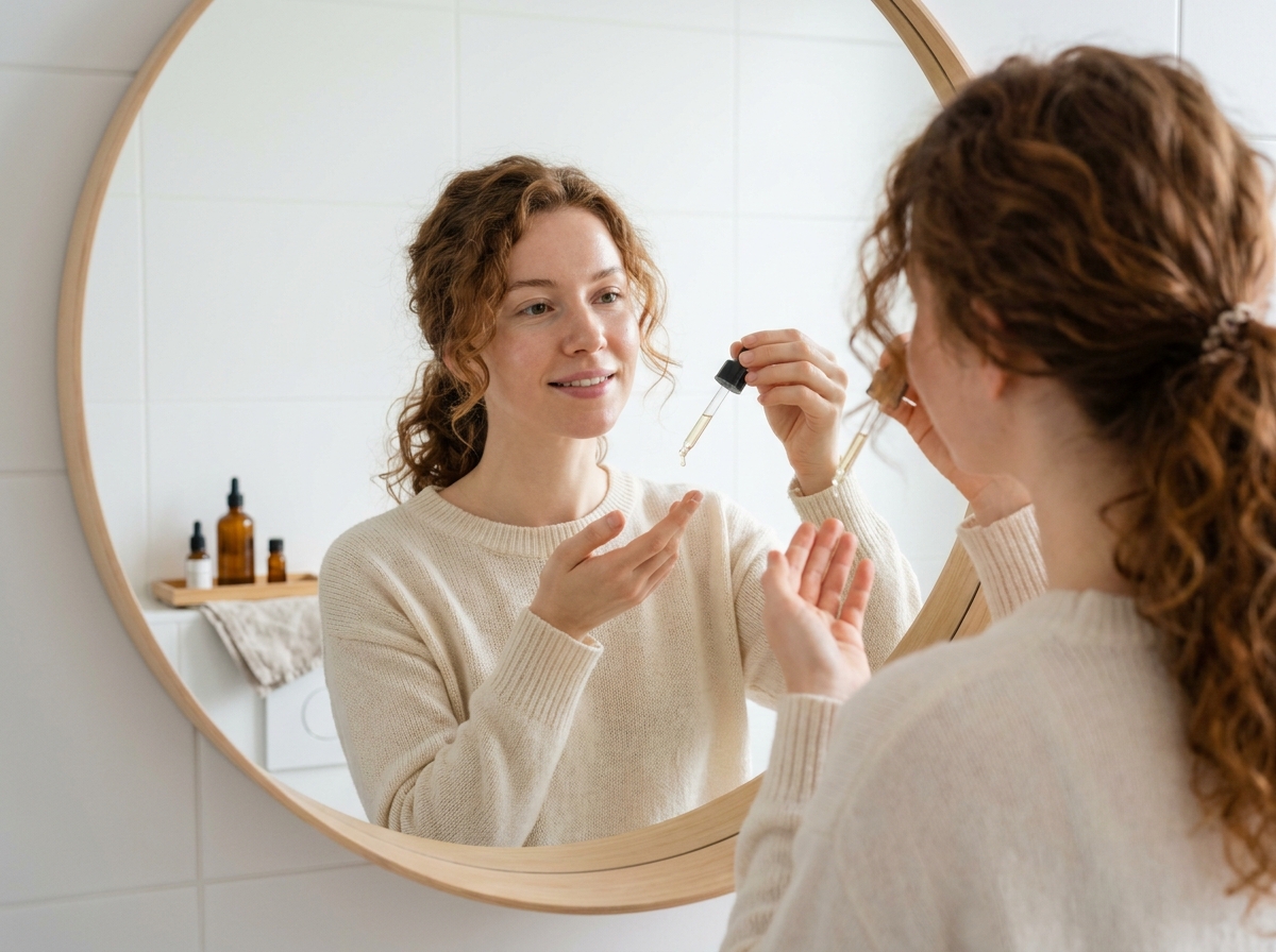 Femme appliquant une huile visage avec une pipette en verre devant un miroir de salle de bain minimaliste, soin de peau naturel