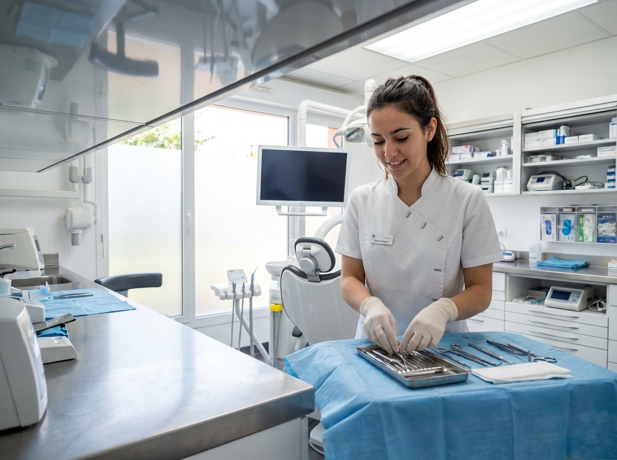 Assistante dentaire pr&eacute;parant des instruments dans un cabinet &agrave; Toulouse