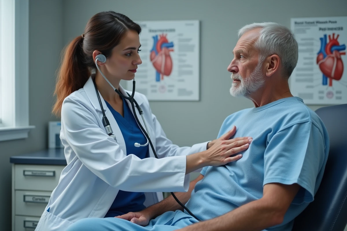 Cardiologue réalisant une auscultation cardiaque sur un patient adulte en cabinet de consultation