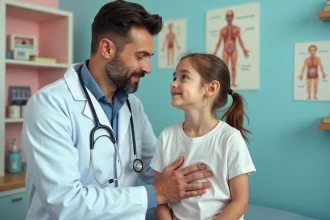 Pédiatre auscultant le cœur d'un enfant avec un stéthoscope dans un cabinet médical pédiatrique
