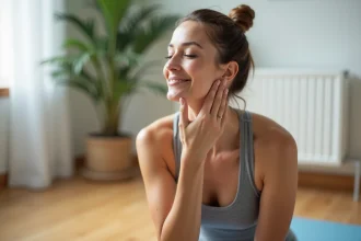 Femme pratiquant un auto-massage du cou pour détendre un muscle contracté, assise sur un tapis de yoga à la maison