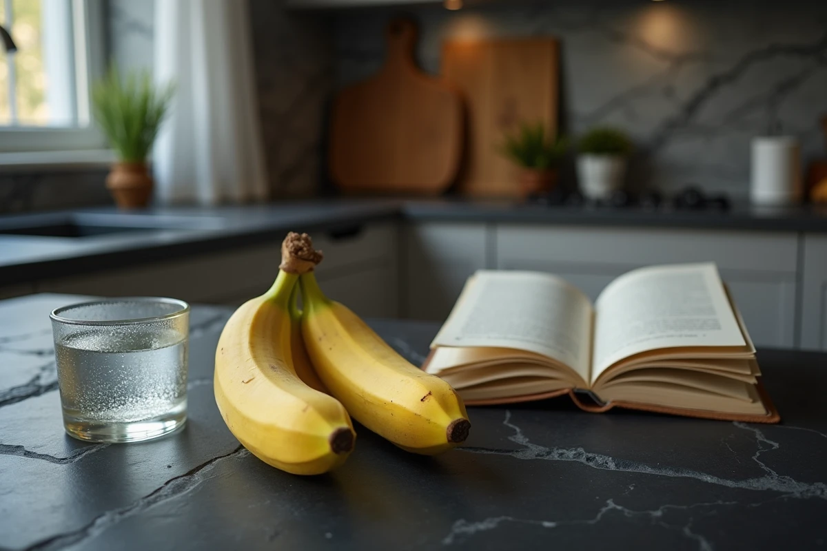 Banane mûre posée sur un comptoir de cuisine avec un livre de nutrition ouvert