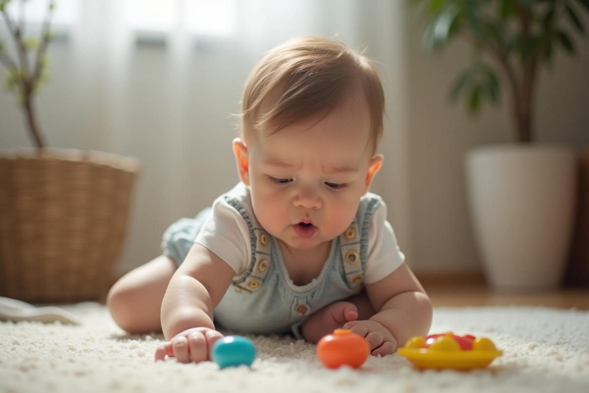 Bébé assis sur le sol essayant d