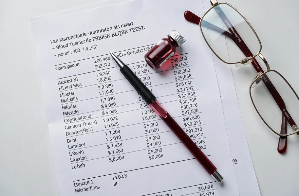 Bilan sanguin avec taux de ferritine imprimé, stylo et flacon de prélèvement sur fond blanc médical