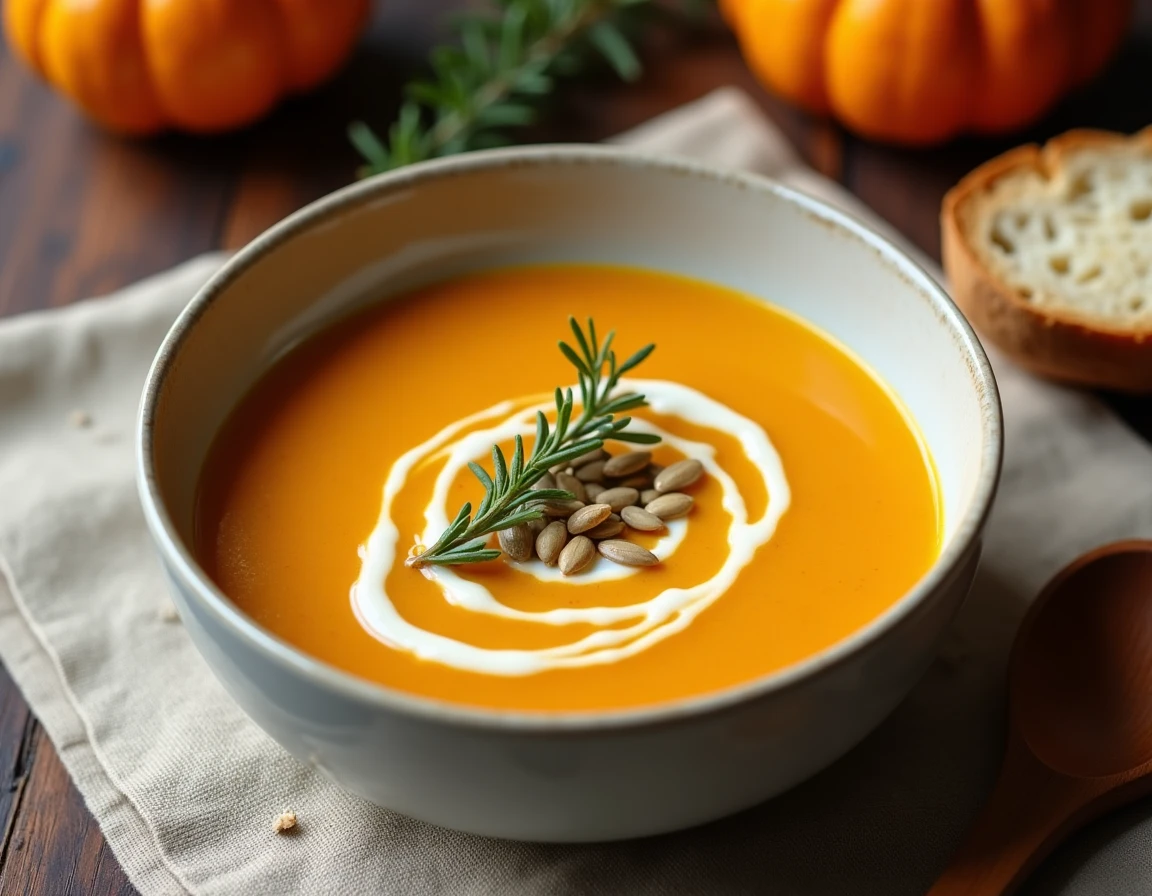 Bol de soupe velout&eacute;e de butternut avec cr&egrave;me, graines de courge et thym frais sur une table en noyer avec du pain au levain
