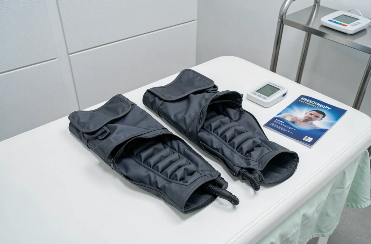 Bottes de pressothérapie professionnelles ouvertes sur une table médicale en cabinet de kinésithérapie
