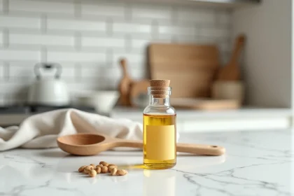 Petite bouteille en verre d'huile de ricin sur un comptoir en marbre avec une cuillère doseuse en bois, illustrant la question de la dose laxative et de la toxicité