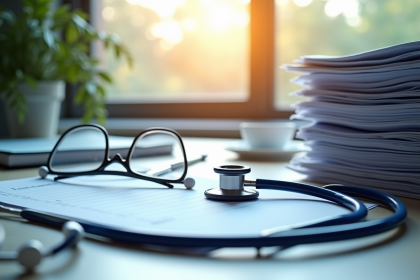 Bureau médical avec fichiers stethoscope et lunettes