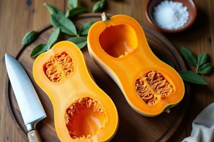 Butternut coup&eacute;e en deux sur une planche en bois rustique avec un couteau de chef et des feuilles de sauge fra&icirc;ches, vue de dessus