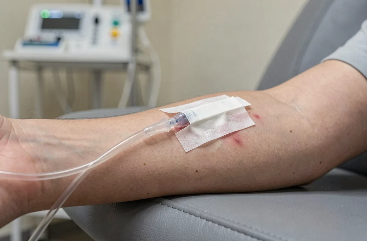 Gros plan d'une canule intraveineuse sur l'avant-bras d'un patient lors d'une perfusion de fer, avec tubulure transparente et sparadrap médical visible