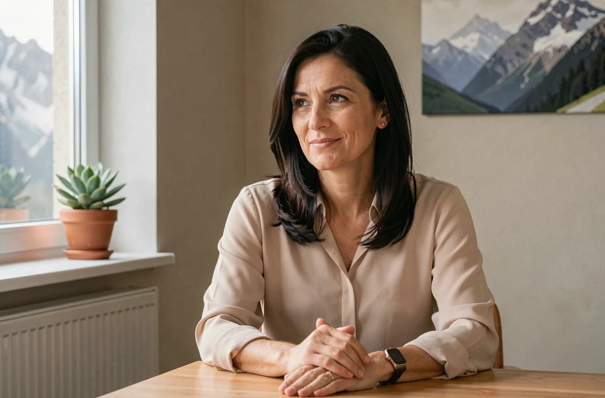 Psychologue femme à Grenoble, assise à son bureau dans un cabinet chaleureux avec décor montagnard discret