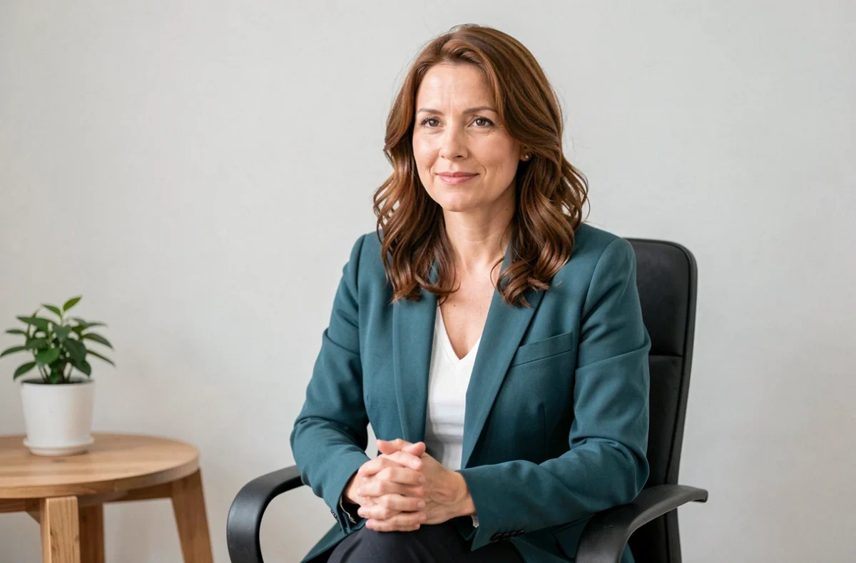 Psychologue femme à Chamalières, assise dans un cabinet moderne avec blazer teal et sourire bienveillant