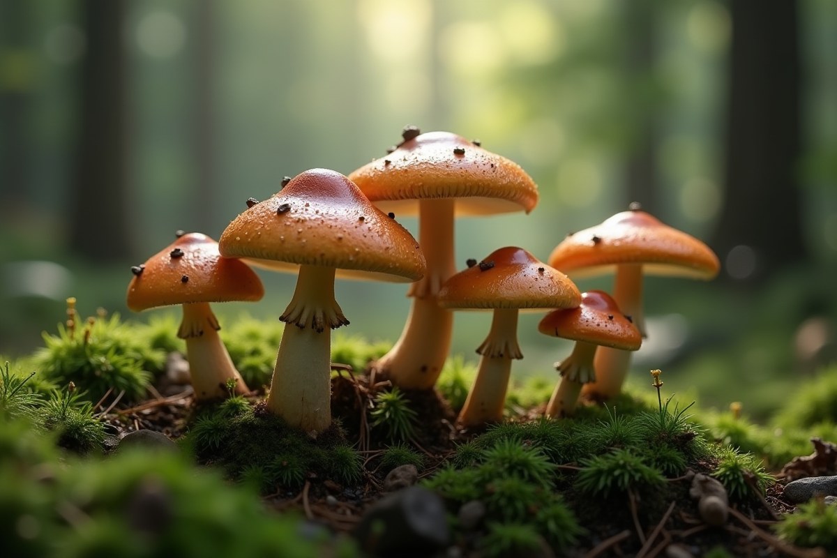 Champignons poussant dans une forêt humide avec mousse verte