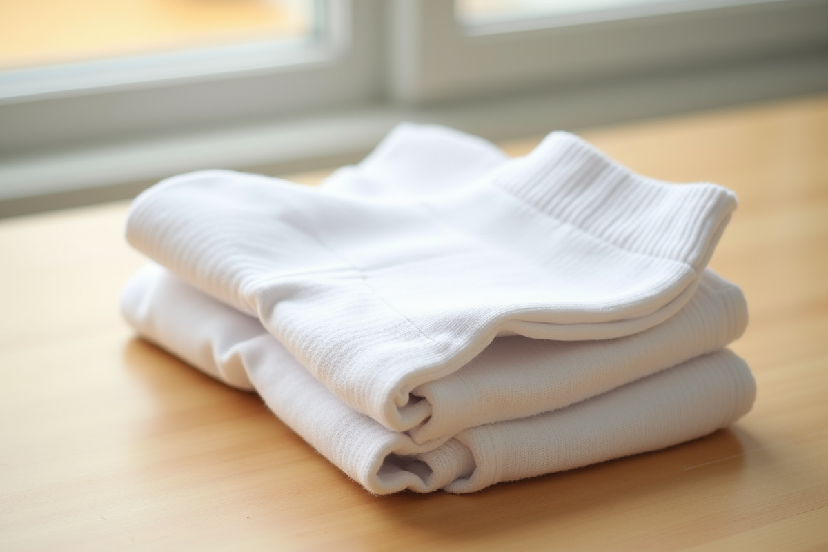 Paire de chaussettes antiodor blanches pliées sur bois clair