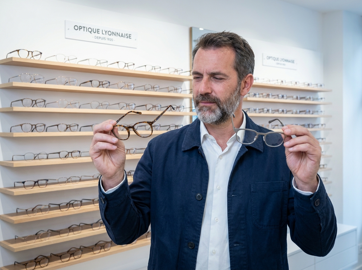 Homme comparant deux paires de lunettes devant un large choix de montures dans une opticienne contemporaine de Lyon