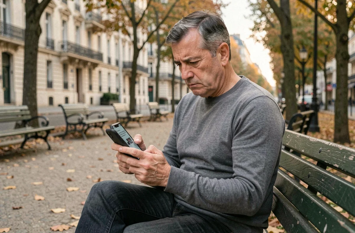 Homme lisant une rumeur sur la santé d'une personnalité publique sur son smartphone dans un parc parisien