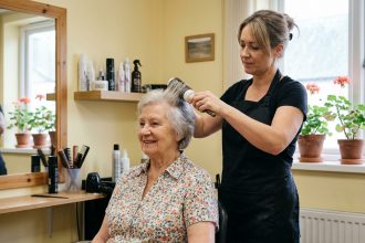 Coiffeuse aidant une résidente âgée dans le salon de coiffure d'une maison de retraite, moment de bien-être et de complicité