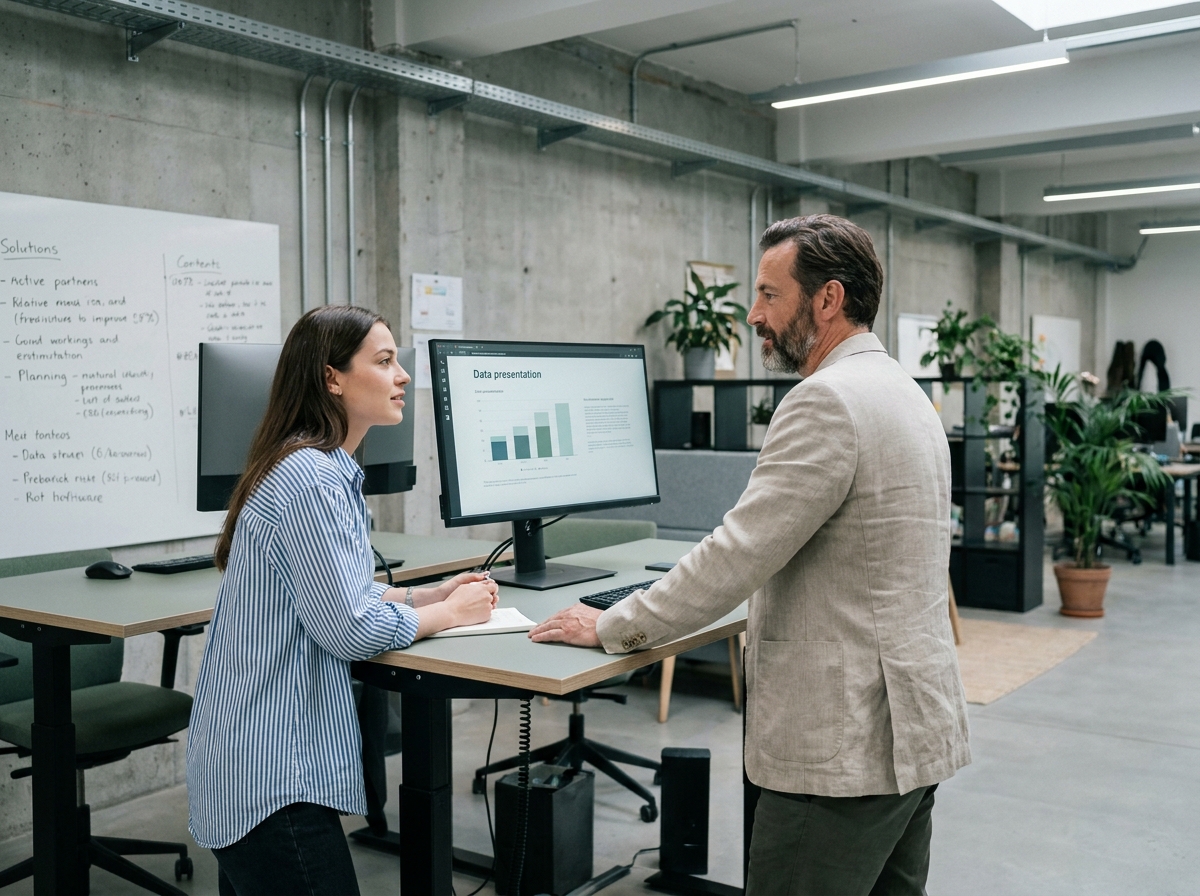 Deux collègues debout côte à côte à un bureau partagé en espace de coworking, illustrant les habitudes de travail ergonomiques en équipe