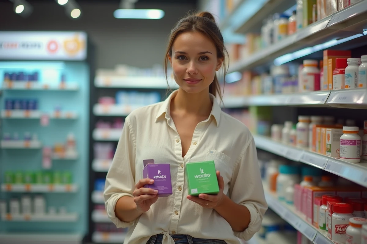 Femme comparant des compléments alimentaires minceur en pharmacie, dont la marque IT Works