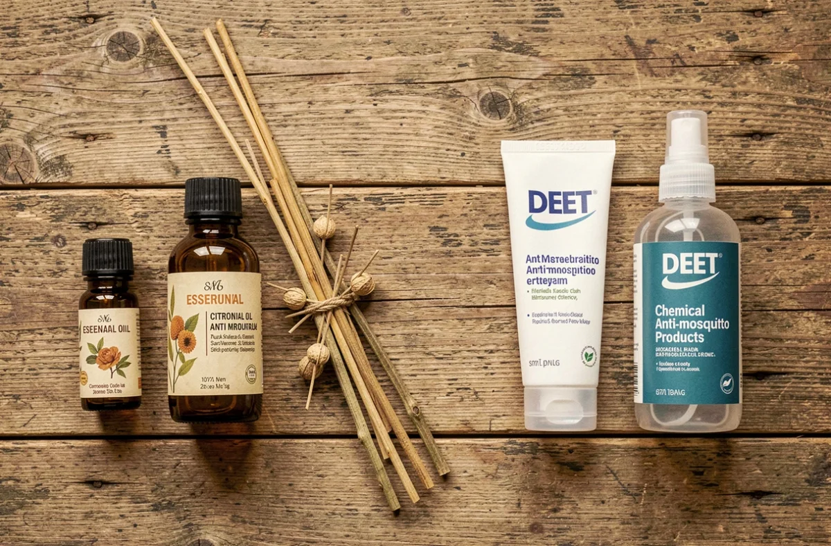 Comparaison côte à côte d'huiles essentielles naturelles et de produits chimiques répulsifs anti-moustiques disposés sur une table en bois rustique