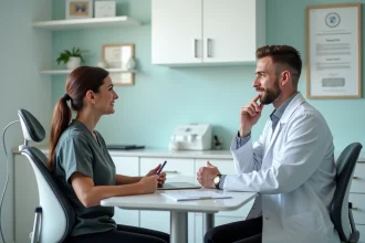 Femme en consultation dentaire avec un chirurgien en salle moderne