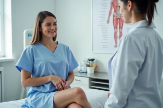Femme en consultation médicale avec une douleur aux ganglions inguinaux, examinée par une médecin