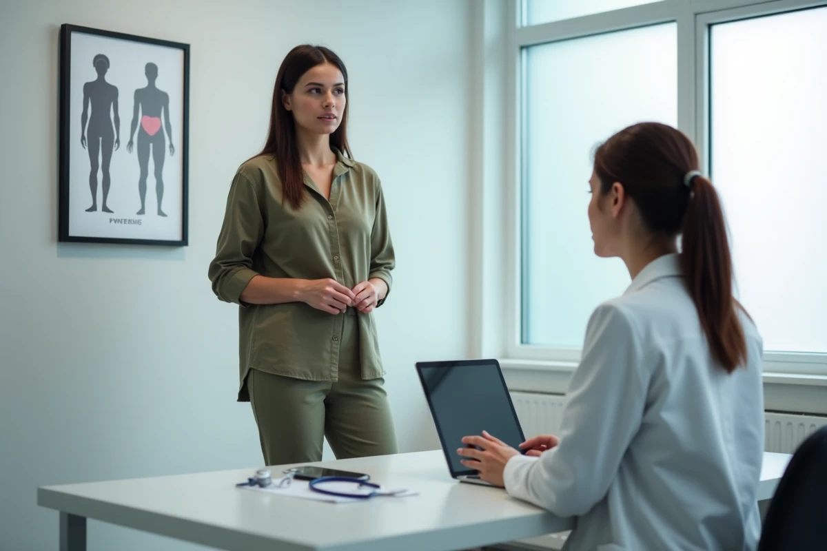 Patiente en consultation gynécologique discutant de symptômes d'un kyste ovarien avec sa médecin