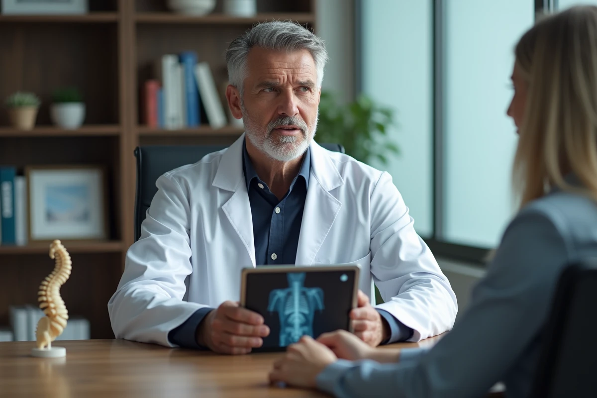 Médecin expliquant les options thérapeutiques à un patient lors d'une consultation orthopédique après une infiltration douloureuse