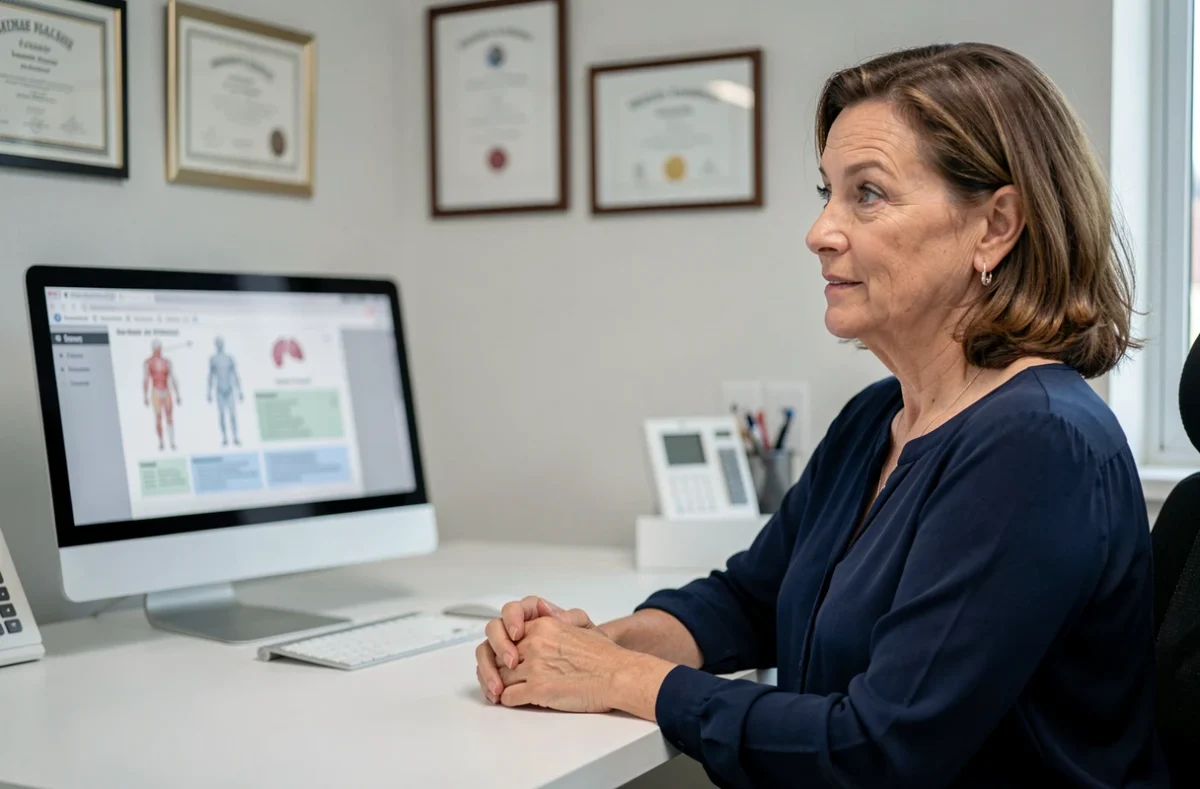 Femme en consultation médicale avec un professionnel de santé dans un cabinet clinique moderne, évoquant le suivi médical et chirurgical du parcours de perte de poids