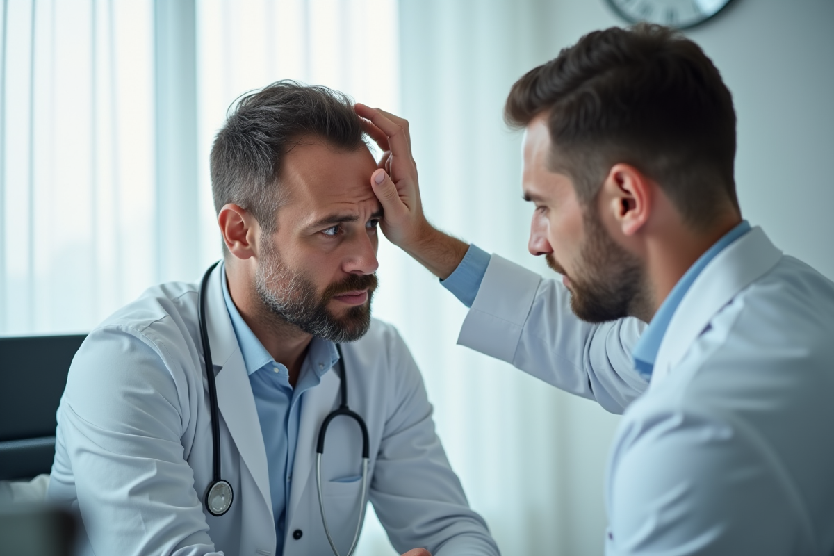 Homme consultant un dermatologue pour problème de cuir chevelu