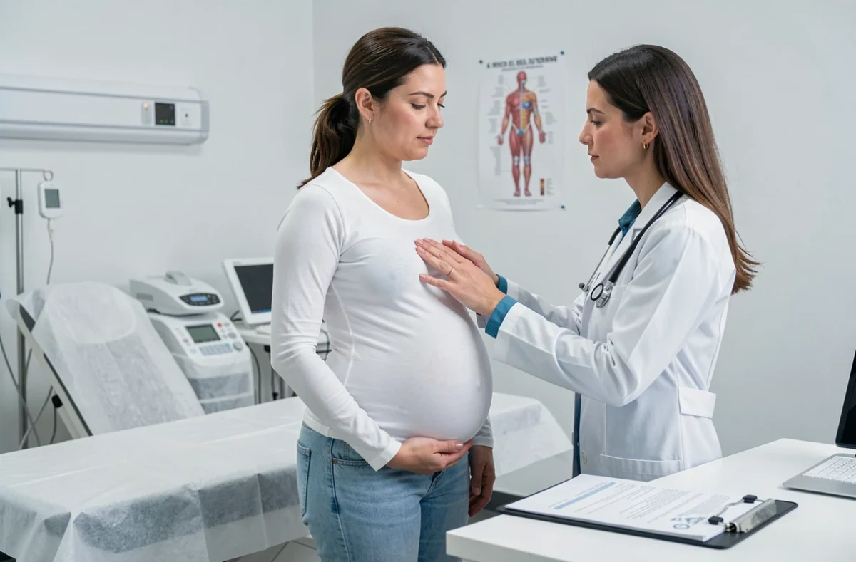 Femme enceinte consultée par une médecin pour des douleurs sous costales droites lors d'une visite prénatale