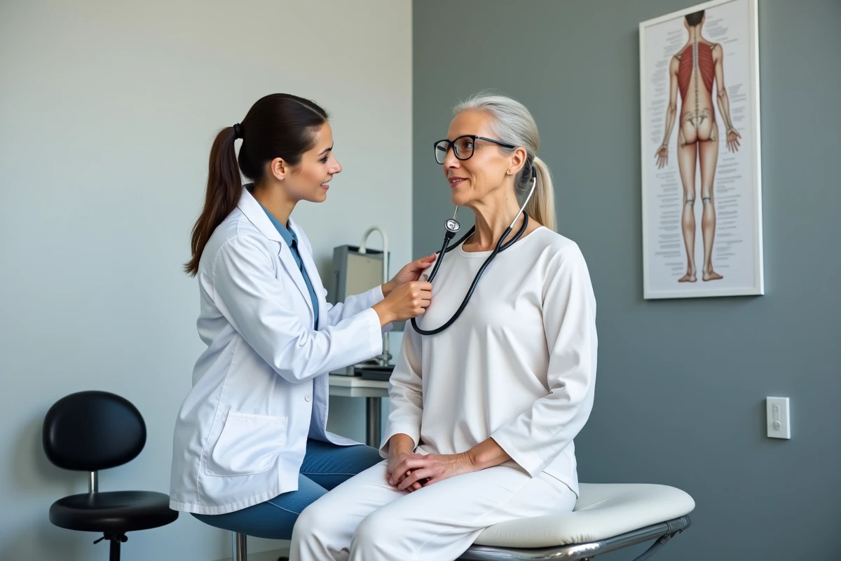 Patiente chez le médecin se faisant ausculter le haut du dos gauche lors d'une consultation pour douleur et gêne respiratoire