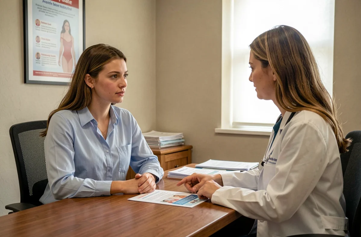 Médecin gynécologue expliquant à une jeune patiente le diagnostic et le suivi d'une lésion malpighienne intra-épithéliale de haut grade lors d'une consultation
