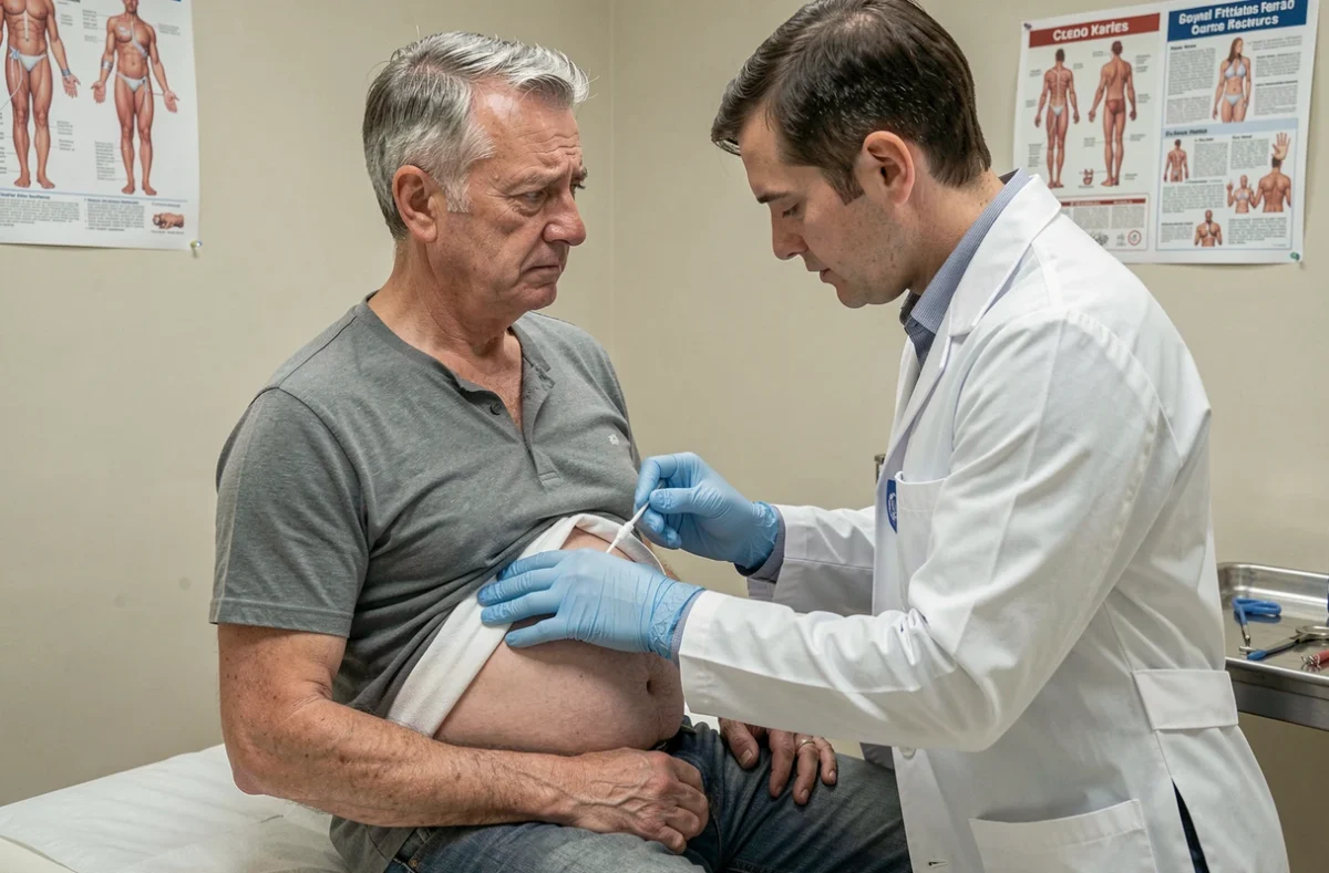 Médecin inspectant le nombril d'un patient adulte lors d'une consultation pour omphalite