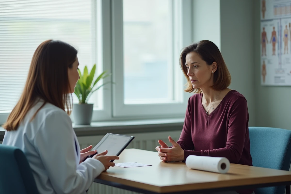 Consultation médicale entre une patiente et sa médecin discutant d'une prise de poids inexpliquée dans un cabinet moderne