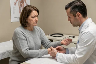 Femme adulte en consultation médicale pour un bilan sanguin avec VGM élevé, examinée par un médecin généraliste