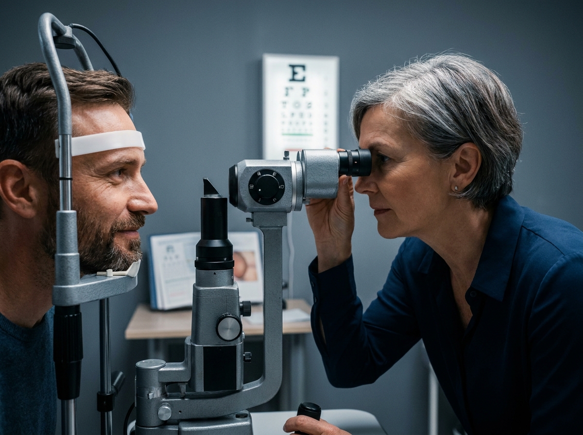 Ophtalmologiste réalisant un examen à la lampe à fente pour évaluer la correction optique avant de changer de monture