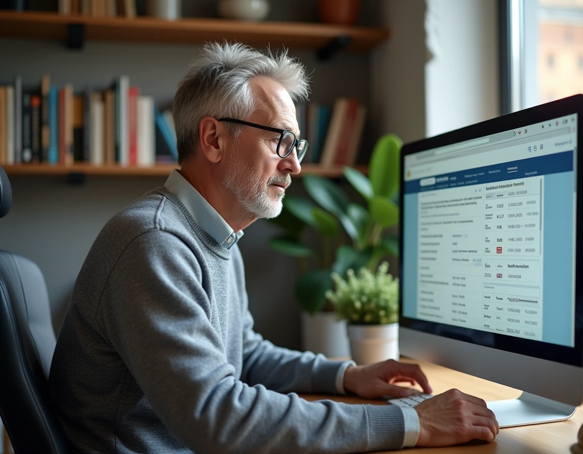 Homme d'âge mûr consultant un portail médical en ligne depuis son bureau à domicile pour partager ses résultats avec son médecin