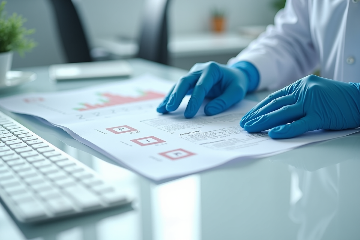 Main gantée vérifiant des documents et médicaments sur un bureau