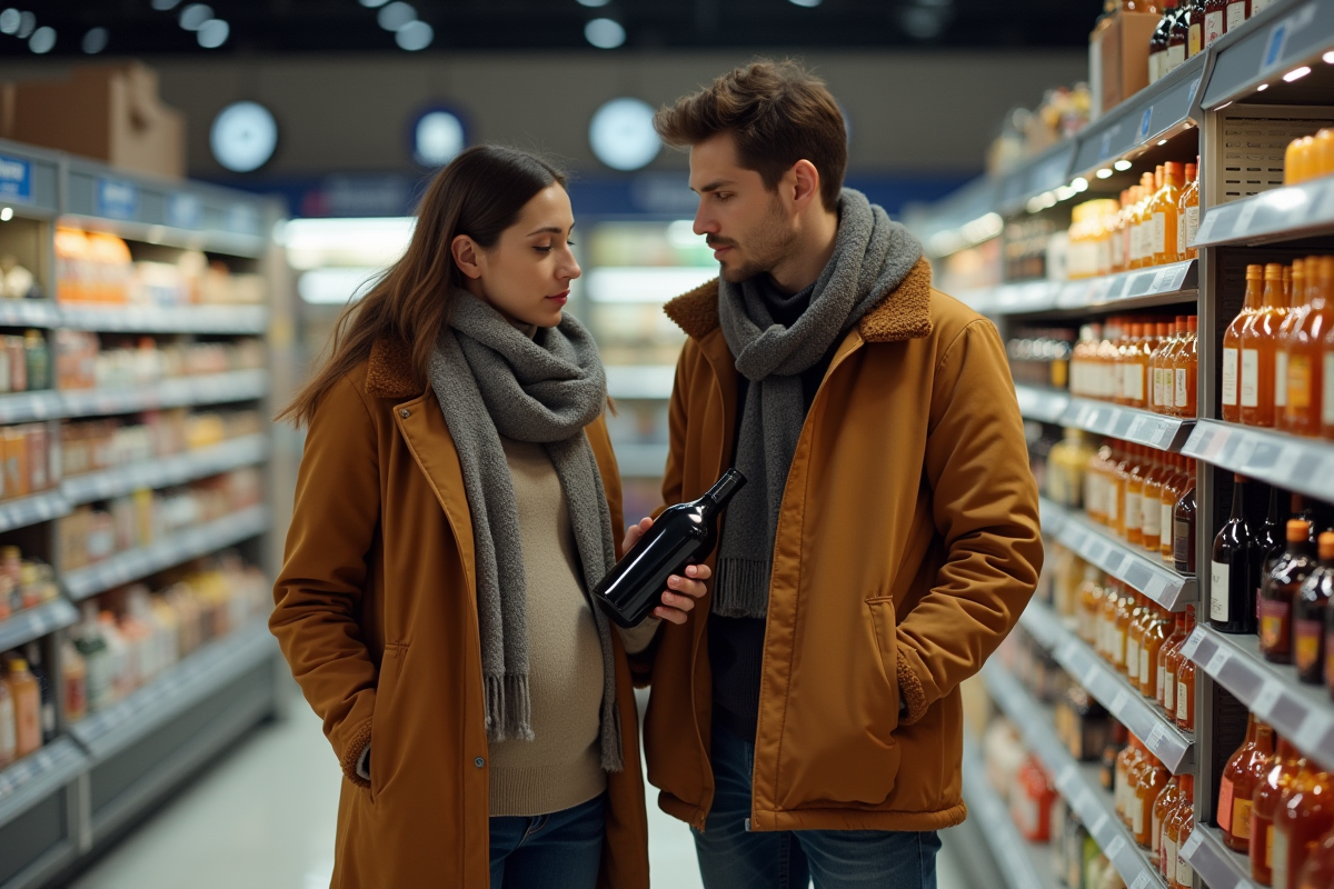 Couple enceinte dans un supermarche en automne