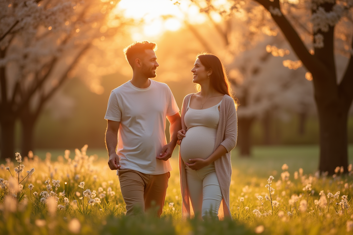 Femme enceinte et son partenaire marchant dans un parc ensoleille
