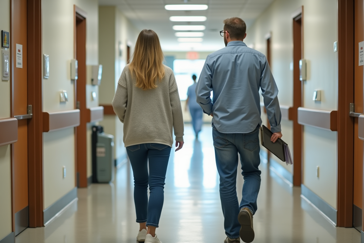 Couple marchant dans un couloir d