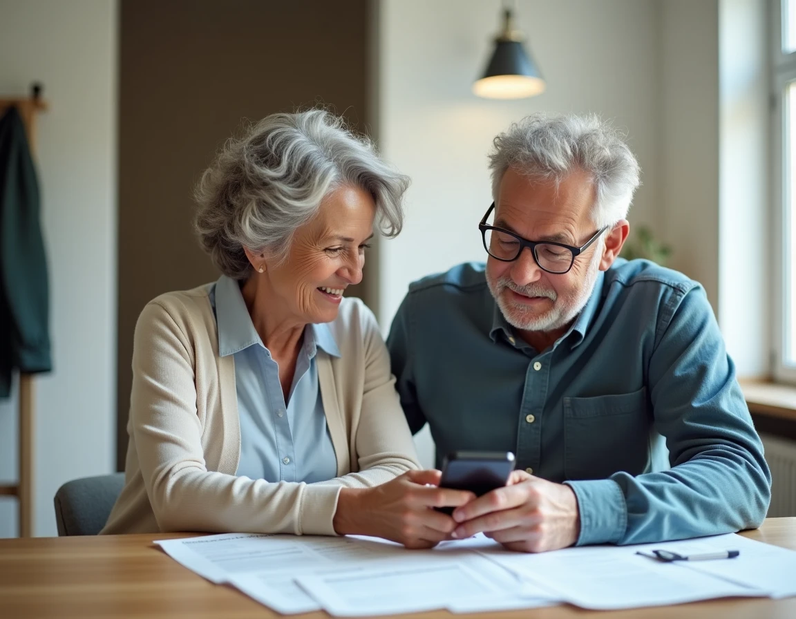 Un couple de seniors étudiant ensemble des informations de santé simplifiées sur smartphone et document imprimé, illustrant la compréhension partagée de la santé sans jargon médical