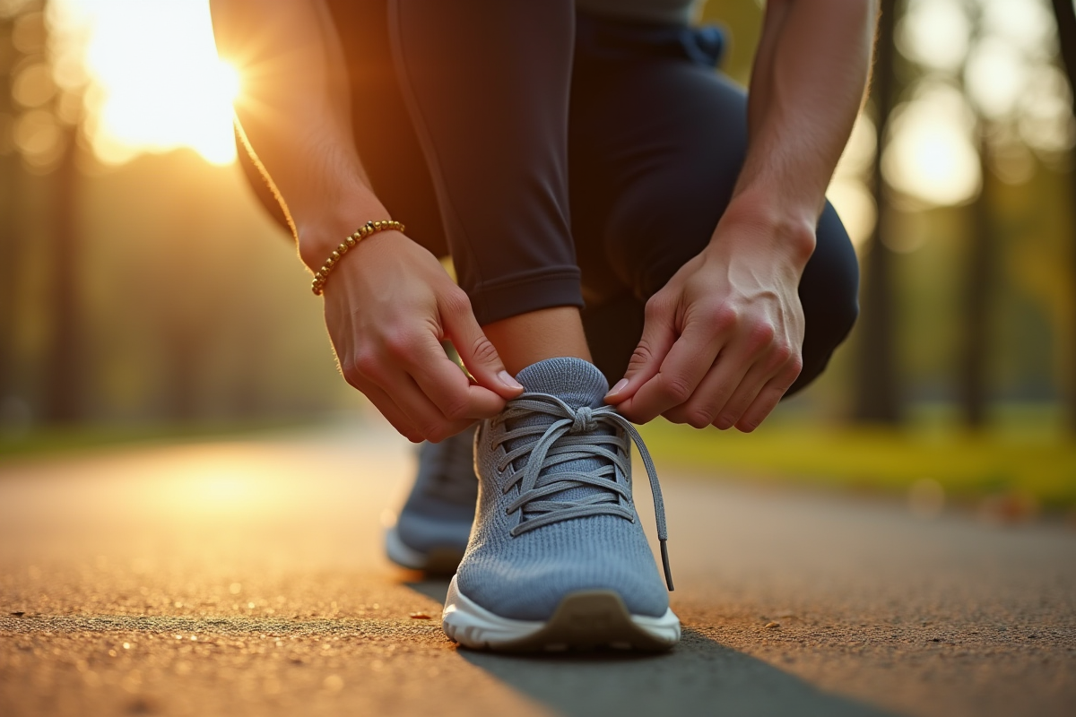 Homme en forme qui lace ses chaussures de course dans un parc ensoleille